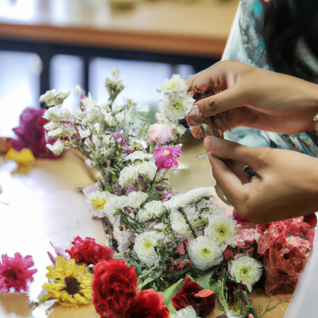 Manos aprendiendo a componer un ramo sobre mesa de madera